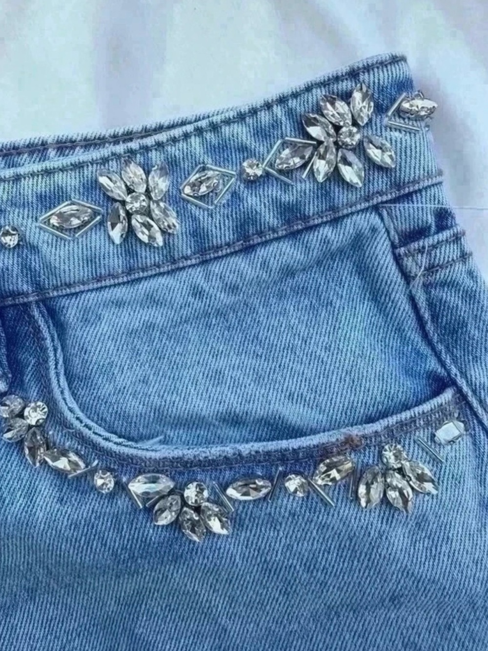 Blank NYC Light Blue High-Rise Jeans with Crystal Embellishment